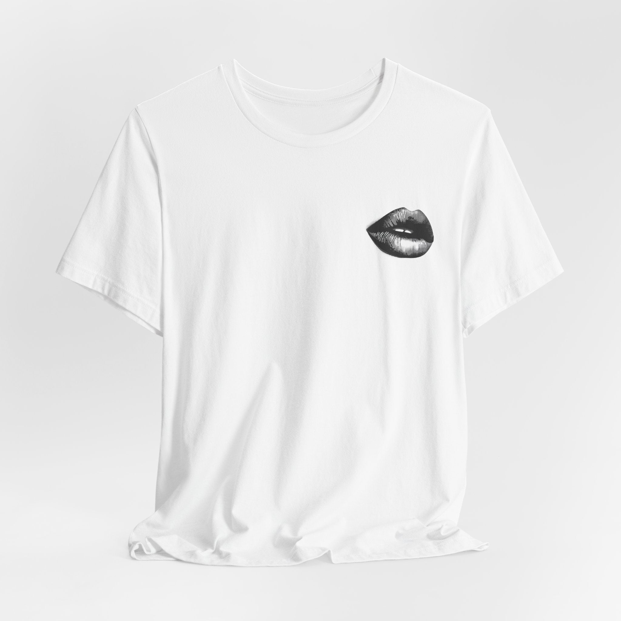 Lip Print Graphic Tee — Minimal Chest Pocket Kiss T‑Shirt
